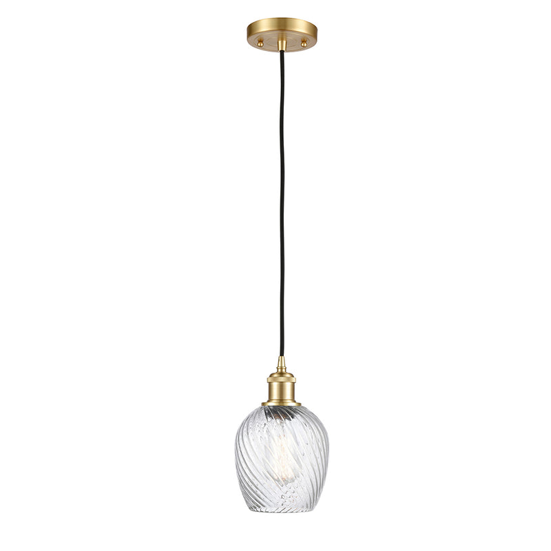 Salina Mini Pendant shown in the Satin Gold finish with a Clear Spiral Fluted shade