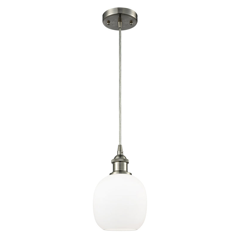 Belfast Mini Pendant shown in the Brushed Satin Nickel finish with a Matte White shade