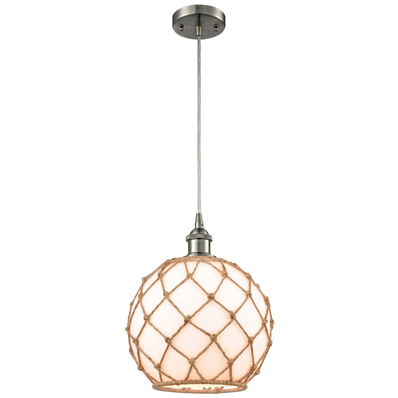 Farmhouse Rope Mini Pendant shown in the Brushed Satin Nickel finish with a White Glass with Brown Rope shade