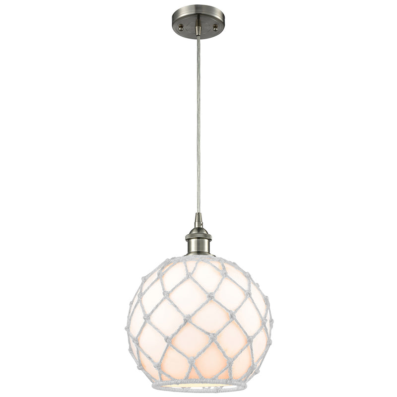 Farmhouse Rope Mini Pendant shown in the Brushed Satin Nickel finish with a White Glass with White Rope shade