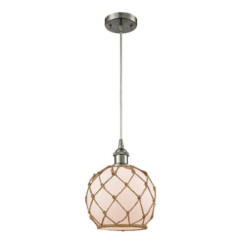 Farmhouse Rope Mini Pendant shown in the Brushed Satin Nickel finish with a White Glass with Brown Rope shade