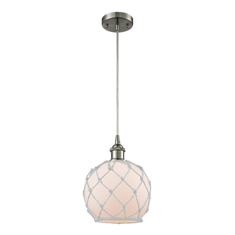 Farmhouse Rope Mini Pendant shown in the Brushed Satin Nickel finish with a White Glass with White Rope shade