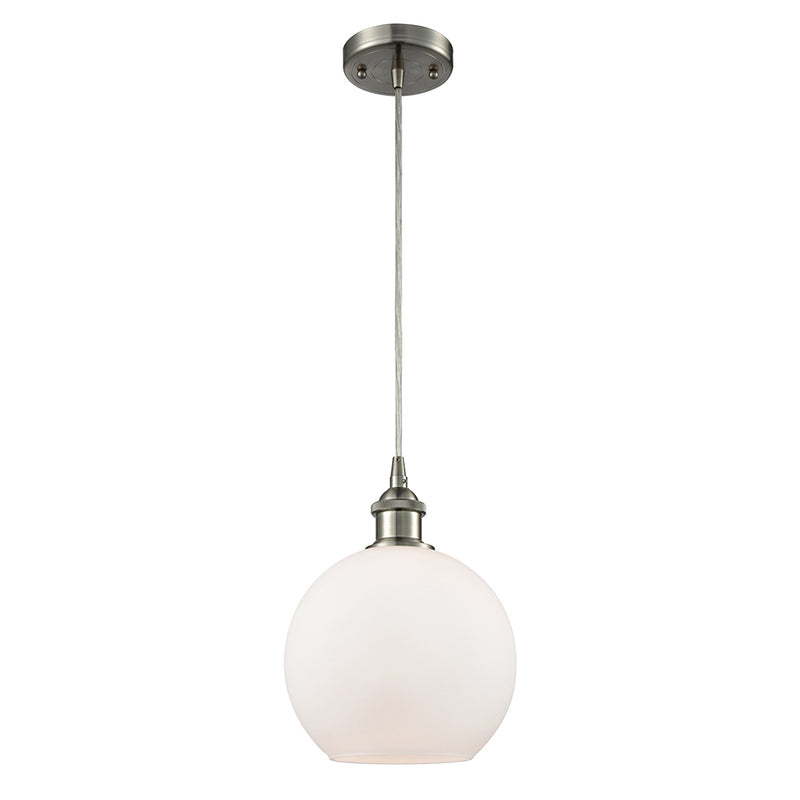 Athens Mini Pendant shown in the Brushed Satin Nickel finish with a Matte White shade