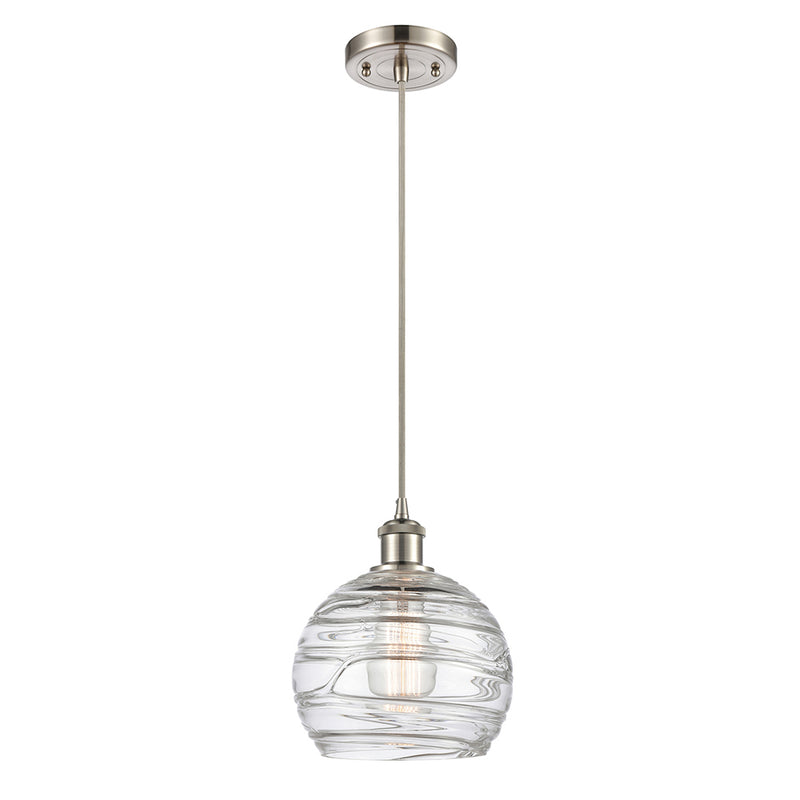 Deco Swirl Mini Pendant shown in the Brushed Satin Nickel finish with a Clear shade