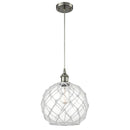 Farmhouse Rope Mini Pendant shown in the Brushed Satin Nickel finish with a Clear Glass with White Rope shade