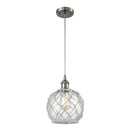 Farmhouse Rope Mini Pendant shown in the Brushed Satin Nickel finish with a Clear Glass with White Rope shade