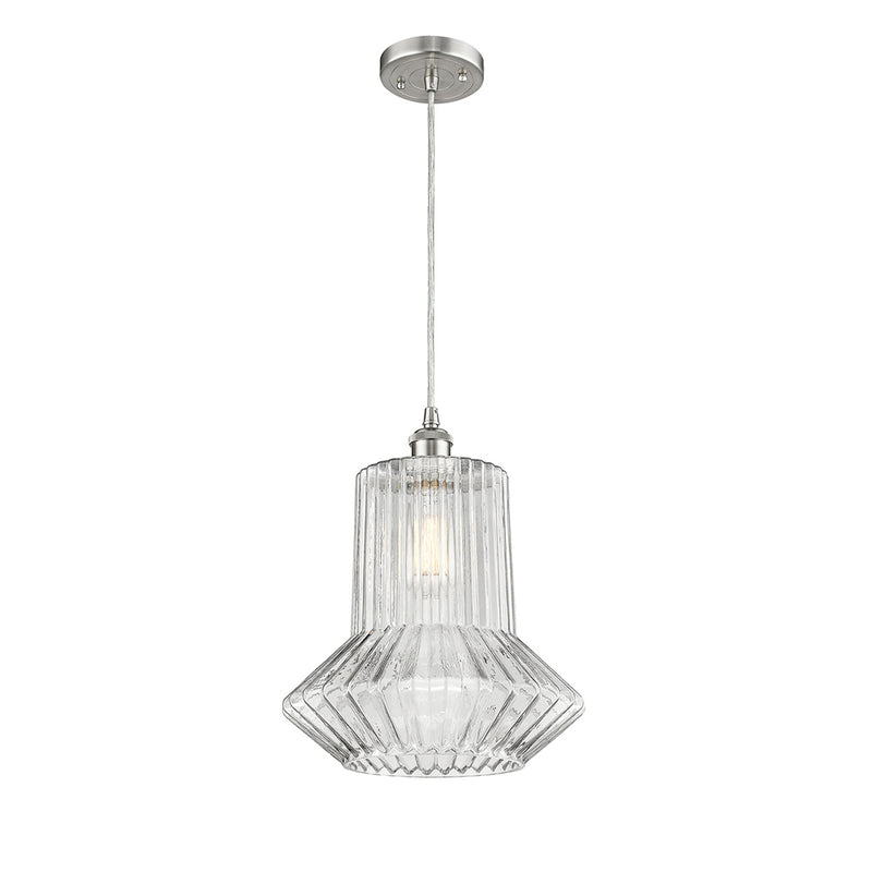 Springwater Mini Pendant shown in the Brushed Satin Nickel finish with a Clear Spiral Fluted shade