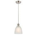 Castile Mini Pendant shown in the Brushed Satin Nickel finish with a White shade