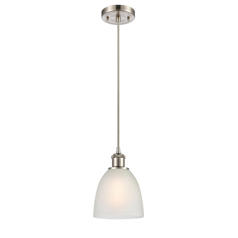 Castile Mini Pendant shown in the Brushed Satin Nickel finish with a White shade