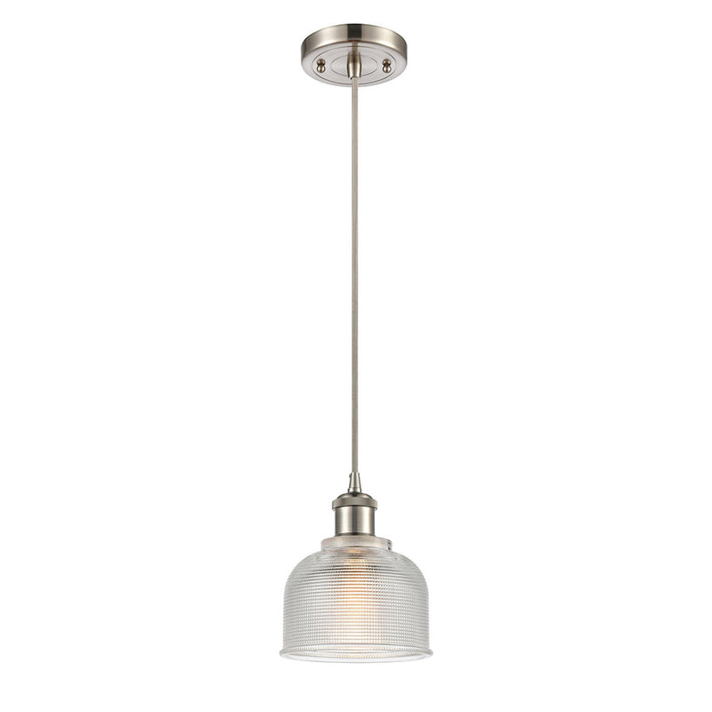 Dayton Mini Pendant shown in the Brushed Satin Nickel finish with a Clear shade