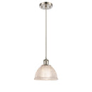 Arietta Mini Pendant shown in the Brushed Satin Nickel finish with a Clear shade