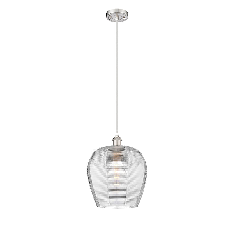 Norfolk Mini Pendant shown in the Brushed Satin Nickel finish with a Clear shade