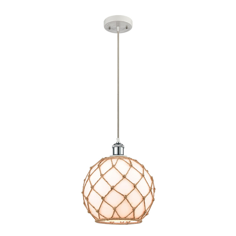 Farmhouse Rope Mini Pendant shown in the White and Polished Chrome finish with a White Glass with Brown Rope shade