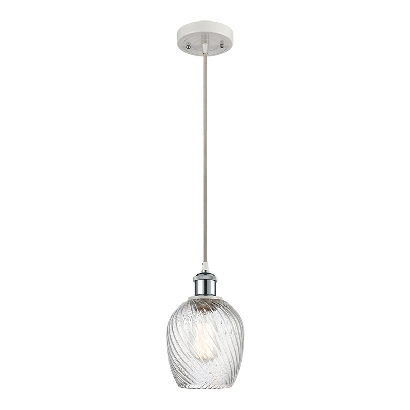 Salina Mini Pendant shown in the White and Polished Chrome finish with a Clear Spiral Fluted shade