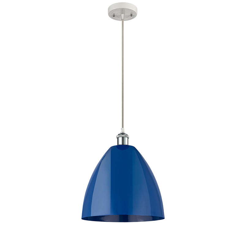 Plymouth Dome Mini Pendant shown in the White and Polished Chrome finish with a Blue shade