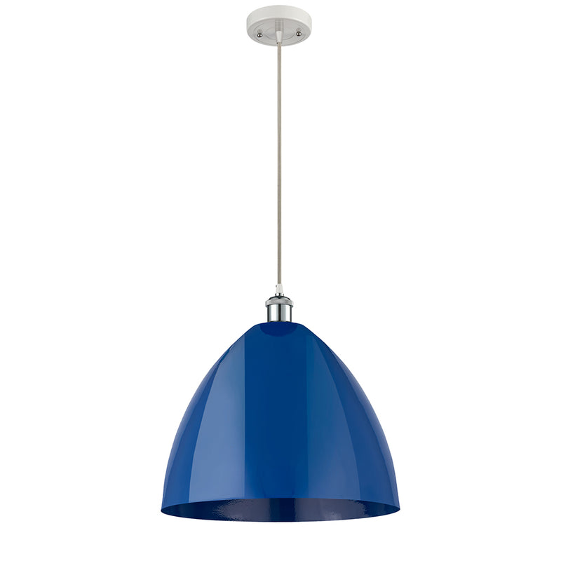 Plymouth Dome Mini Pendant shown in the White and Polished Chrome finish with a Blue shade