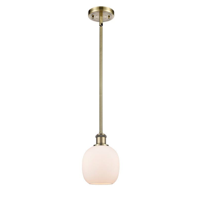 Belfast Mini Pendant shown in the Antique Brass finish with a Matte White shade