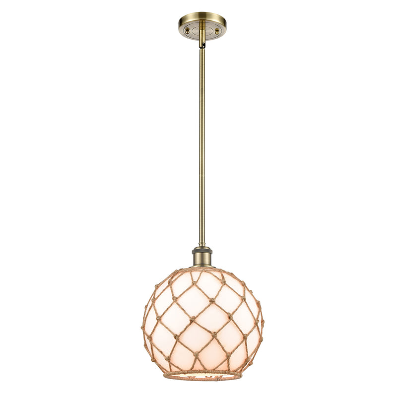 Farmhouse Rope Mini Pendant shown in the Antique Brass finish with a White Glass with Brown Rope shade