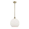 Athens Mini Pendant shown in the Antique Brass finish with a Matte White shade