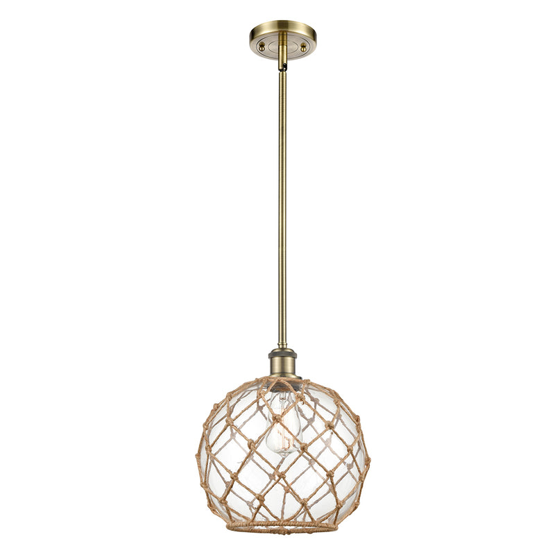 Farmhouse Rope Mini Pendant shown in the Antique Brass finish with a Clear Glass with Brown Rope shade