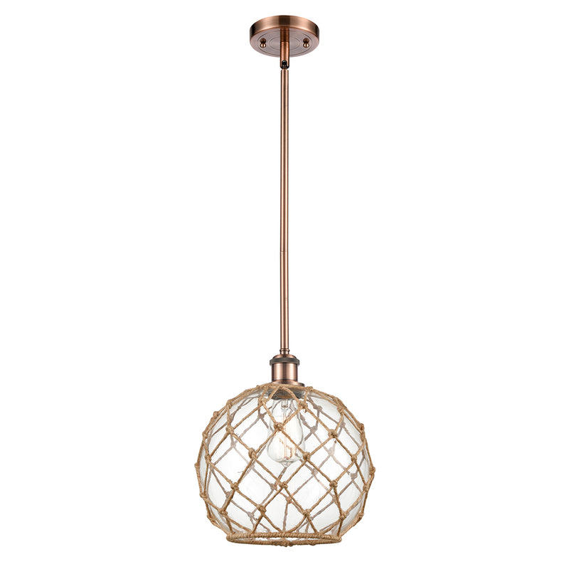 Farmhouse Rope Mini Pendant shown in the Antique Copper finish with a Clear Glass with Brown Rope shade