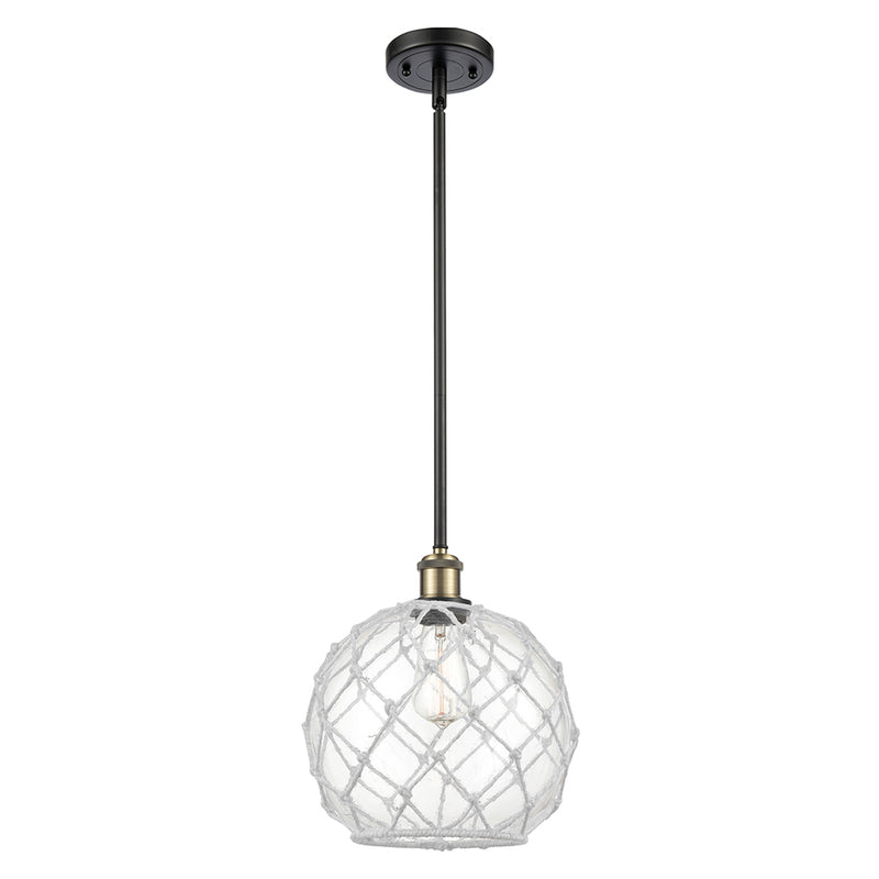 Farmhouse Rope Mini Pendant shown in the Black Antique Brass finish with a Clear Glass with White Rope shade