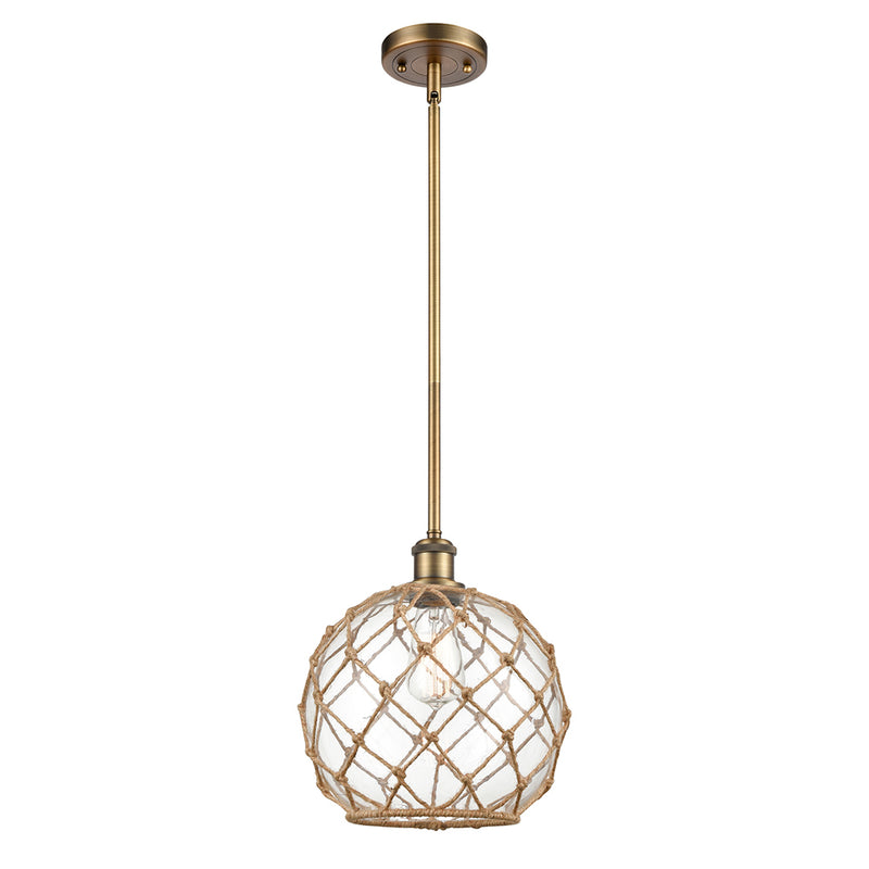 Farmhouse Rope Mini Pendant shown in the Brushed Brass finish with a Clear Glass with Brown Rope shade