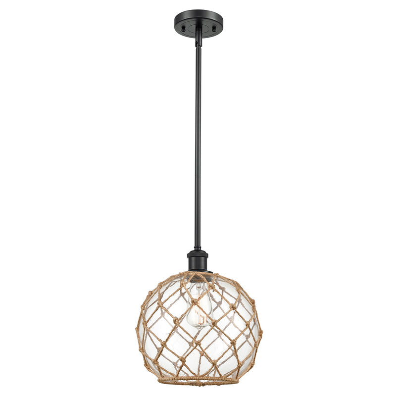 Farmhouse Rope Mini Pendant shown in the Matte Black finish with a Clear Glass with Brown Rope shade