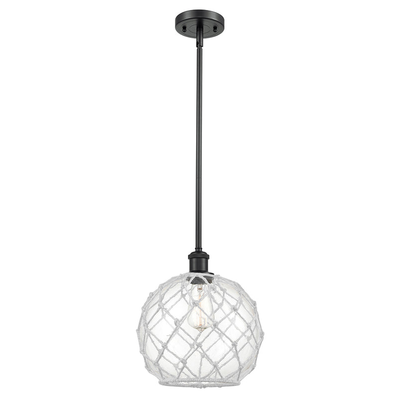 Farmhouse Rope Mini Pendant shown in the Matte Black finish with a Clear Glass with White Rope shade