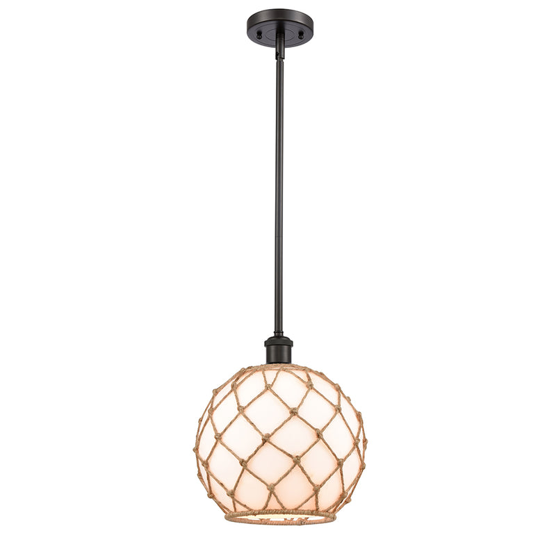 Farmhouse Rope Mini Pendant shown in the Oil Rubbed Bronze finish with a White Glass with Brown Rope shade