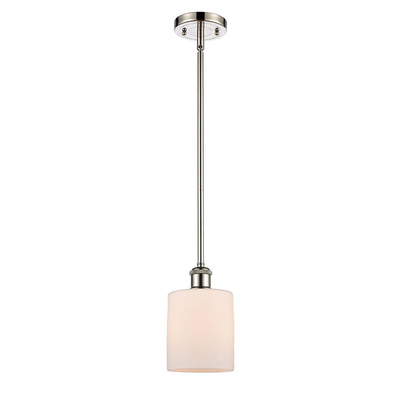 Cobbleskill Mini Pendant shown in the Polished Nickel finish with a Matte White shade