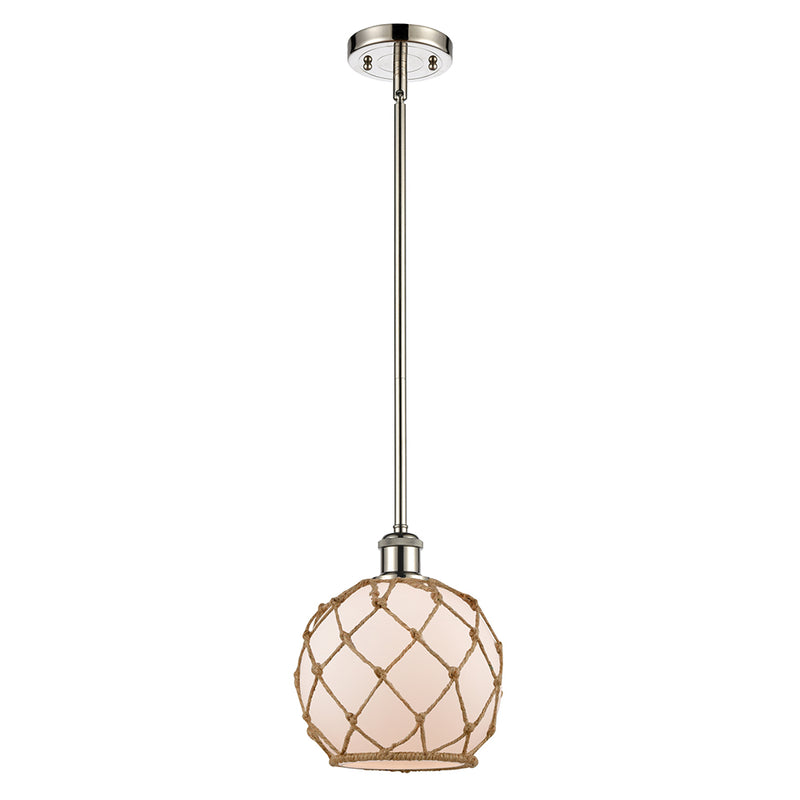 Farmhouse Rope Mini Pendant shown in the Polished Nickel finish with a White Glass with Brown Rope shade