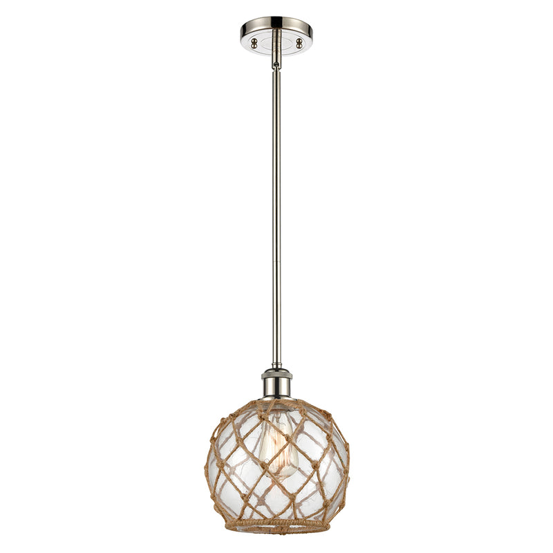 Farmhouse Rope Mini Pendant shown in the Polished Nickel finish with a Clear Glass with Brown Rope shade