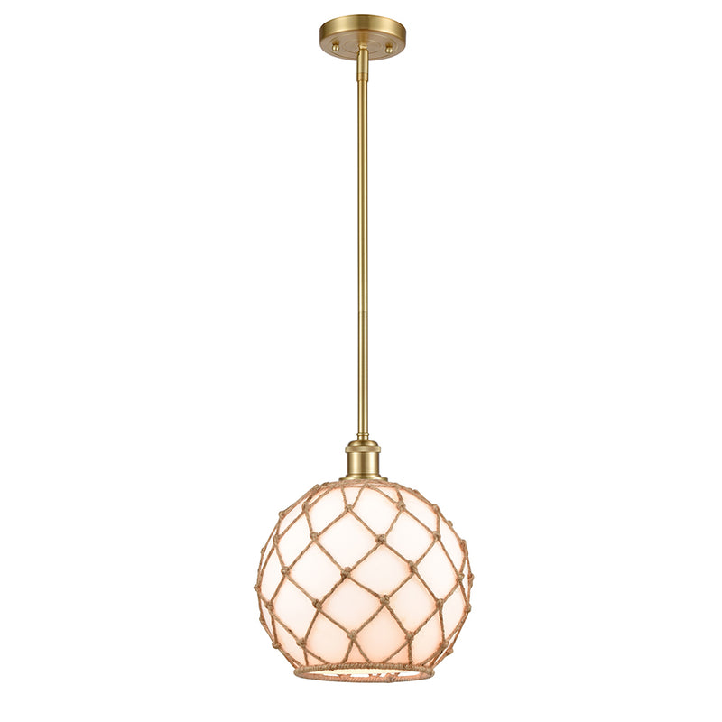 Farmhouse Rope Mini Pendant shown in the Satin Gold finish with a White Glass with Brown Rope shade