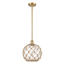 Farmhouse Rope Mini Pendant shown in the Satin Gold finish with a Clear Glass with Brown Rope shade