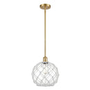 Farmhouse Rope Mini Pendant shown in the Satin Gold finish with a Clear Glass with White Rope shade