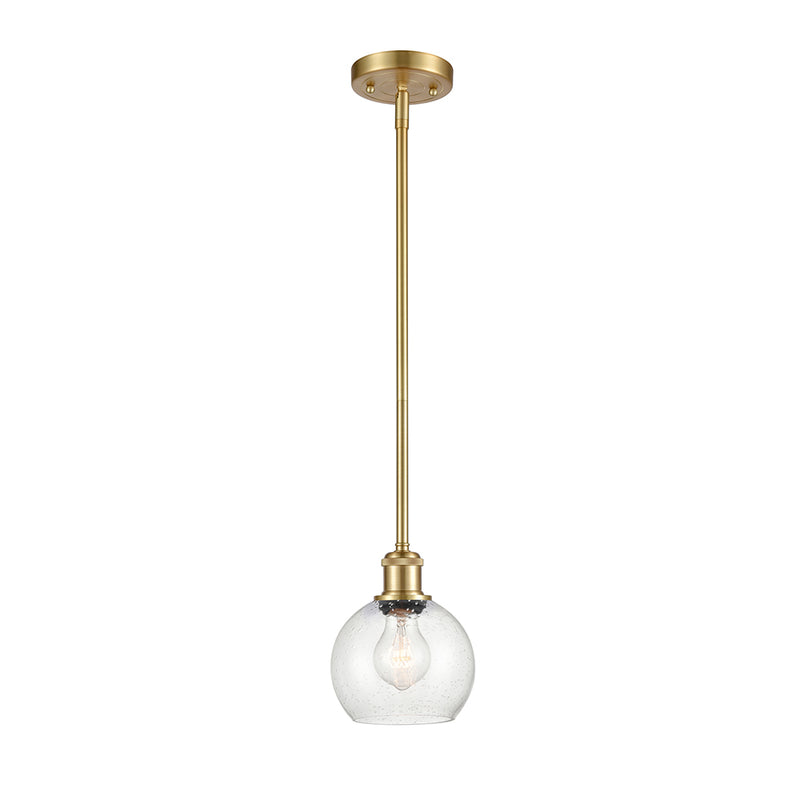 Athens Mini Pendant shown in the Satin Gold finish with a Seedy shade