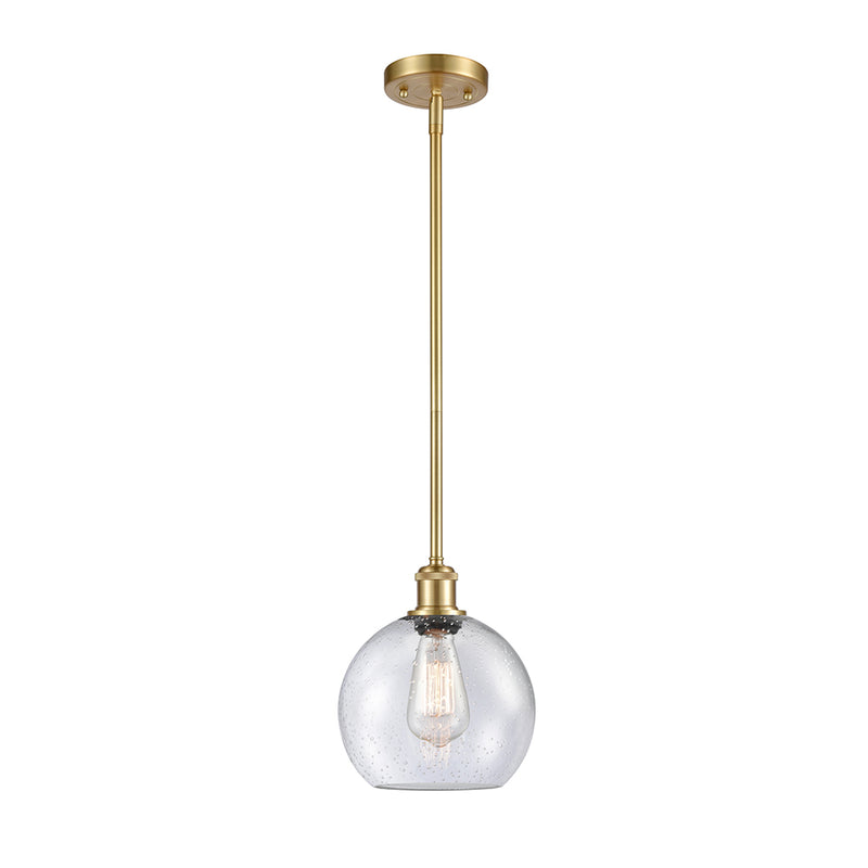 Athens Mini Pendant shown in the Satin Gold finish with a Seedy shade