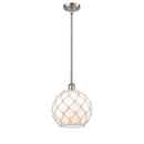 Farmhouse Rope Mini Pendant shown in the Brushed Satin Nickel finish with a White Glass with White Rope shade