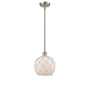 Farmhouse Rope Mini Pendant shown in the Brushed Satin Nickel finish with a White Glass with White Rope shade