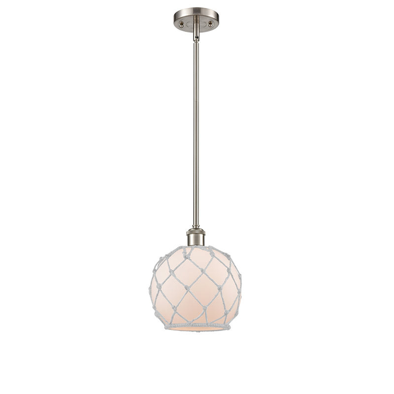 Farmhouse Rope Mini Pendant shown in the Brushed Satin Nickel finish with a White Glass with White Rope shade