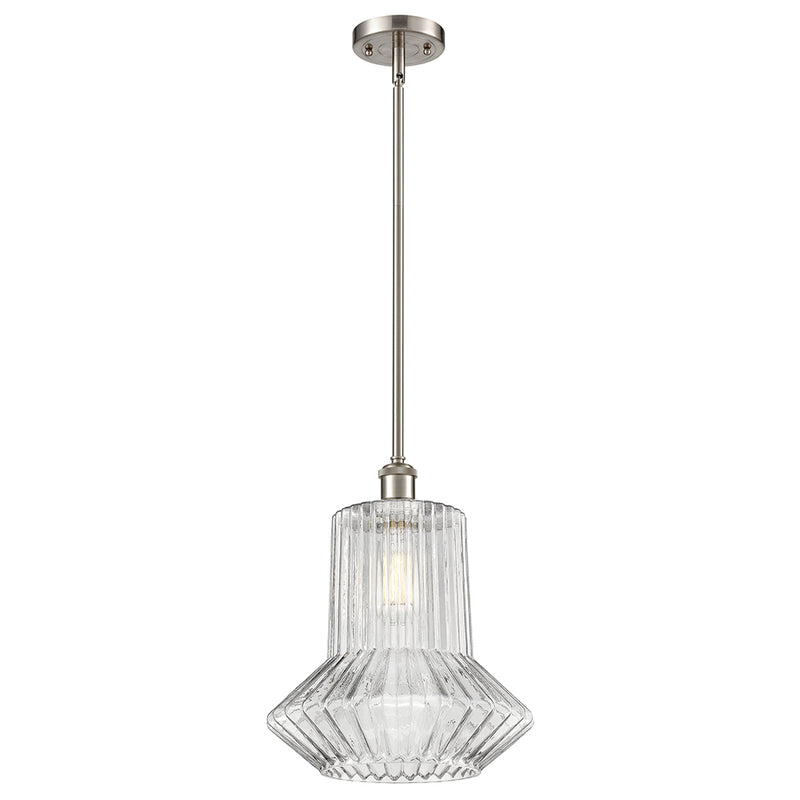 Springwater Mini Pendant shown in the Brushed Satin Nickel finish with a Clear Spiral Fluted shade