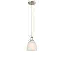 Castile Mini Pendant shown in the Brushed Satin Nickel finish with a White shade