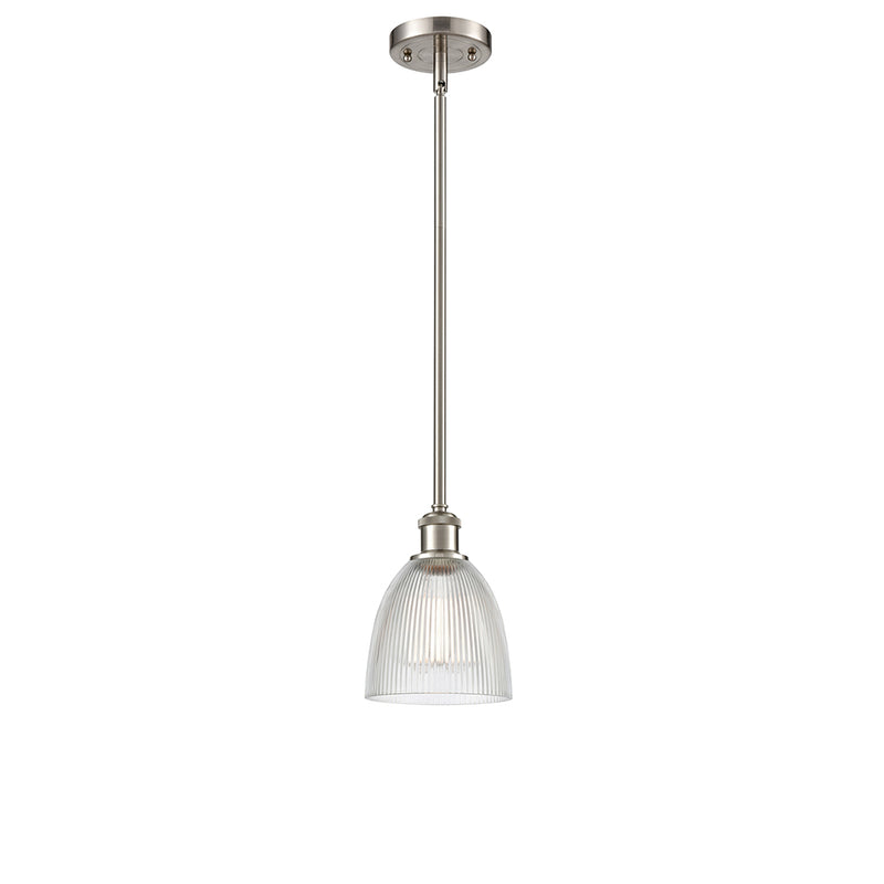 Castile Mini Pendant shown in the Brushed Satin Nickel finish with a Clear shade