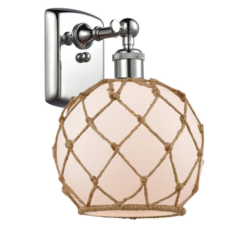 Farmhouse Rope Sconce shown in the Polished Chrome finish with a White Glass with Brown Rope shade