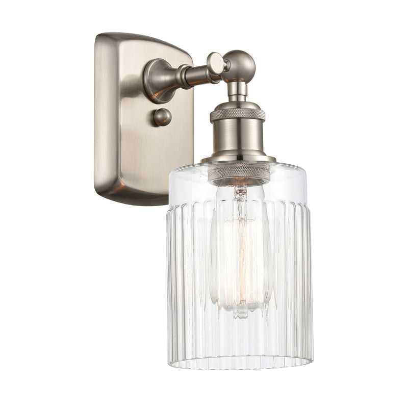 Hadley Sconce shown in the Brushed Satin Nickel finish with a Clear shade