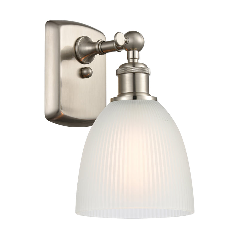 Castile Sconce shown in the Brushed Satin Nickel finish with a White shade