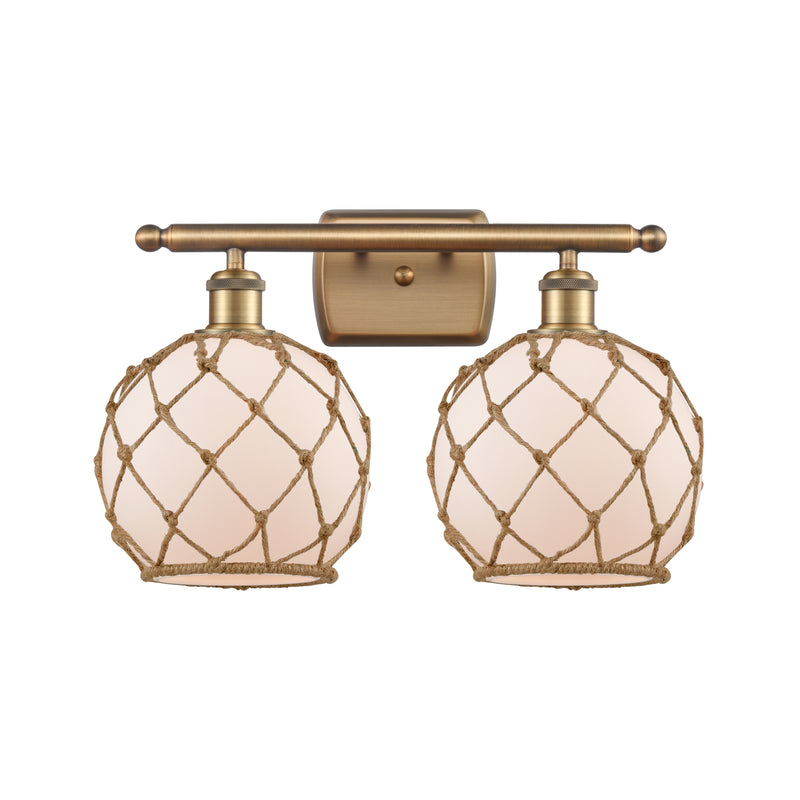 Farmhouse Rope Bath Vanity Light shown in the Brushed Brass finish with a White Glass with Brown Rope shade