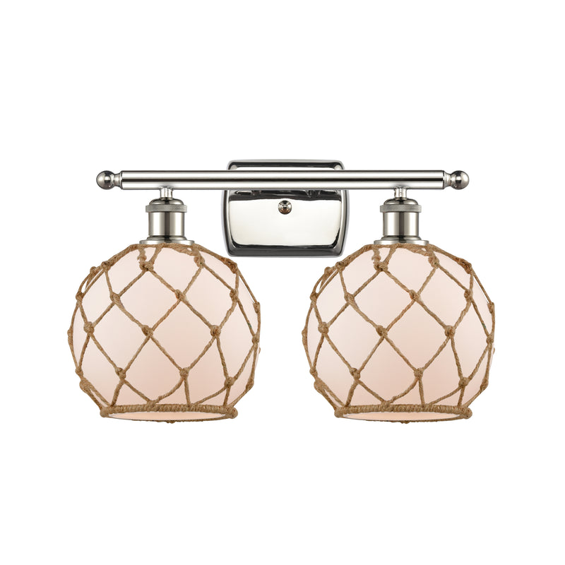 Farmhouse Rope Bath Vanity Light shown in the Polished Nickel finish with a White Glass with Brown Rope shade