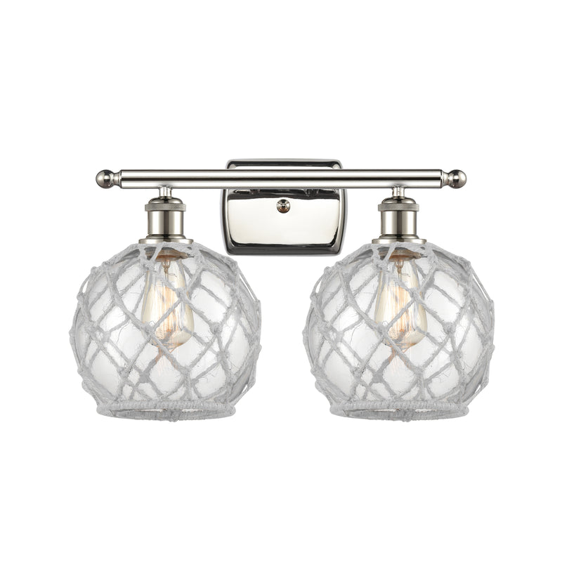 Farmhouse Rope Bath Vanity Light shown in the Polished Nickel finish with a Clear Glass with White Rope shade